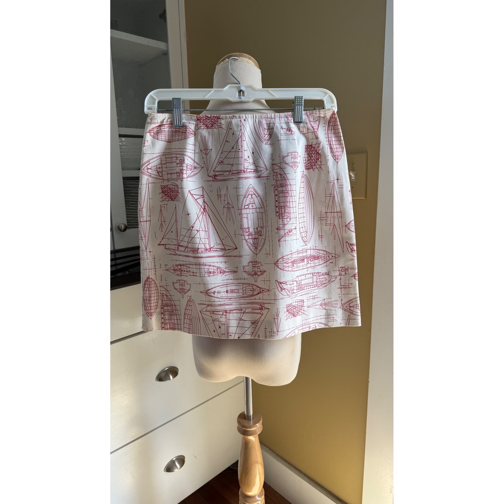 Ann Taylor Stretch Red Nautical Sailboat Blueprint Mini‎ Skirt White 4P Petite